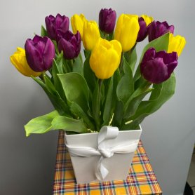 Коробочка 15 тюльпанов желто-сиреневые от интернет-магазина «Цветы для души» в Новосибирске